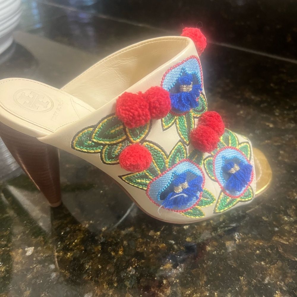 Tory Burch Cream and Red Floral Embroidered Mules